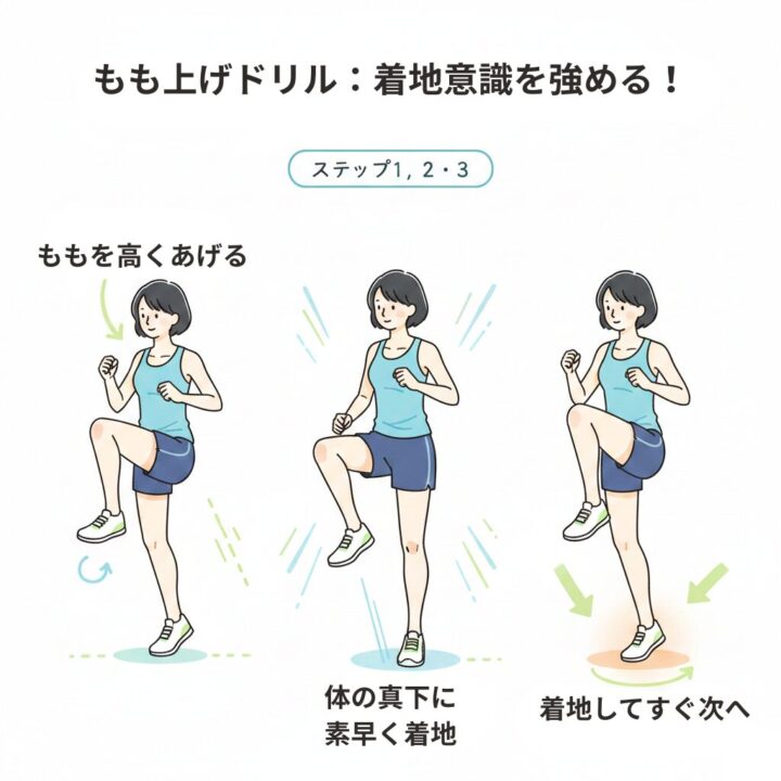 ランニングの着地感覚を掴むための「もも上げドリル」の動作イラスト。膝を高く上げ、足を体の真下に素早く着地する一連の動作をステップ形式で図解したもの。