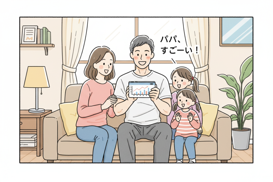 3ヶ月後、家族に「痩せたね」と褒められて照れ笑いする、引き締まった40代男性。