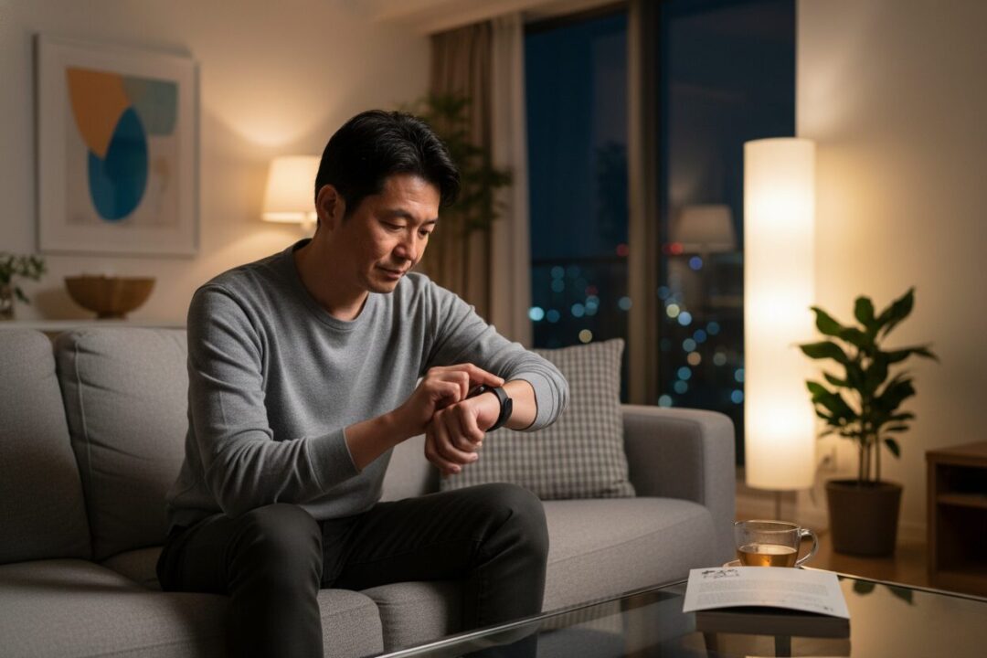 残り体力を示すBody Batteryの数値を見て、勇気を持って休息を選ぶ男性。