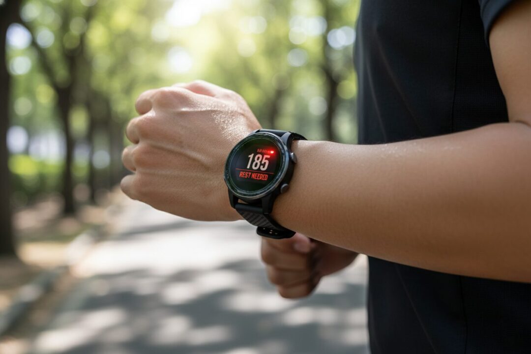 ランニングウォッチの赤い警告画面を心配そうに確認する、40代ランナーの手元。