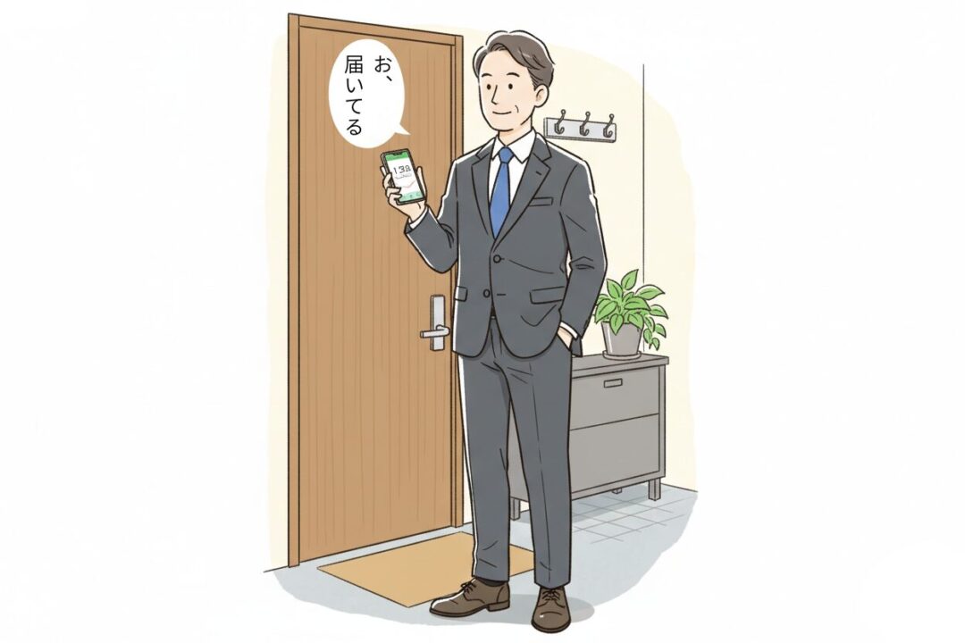 イラスト - 玄関先でスーツ姿のまま、スマホに届いた今日のラン記録を見て「お、届いてる」と微笑む40代男性