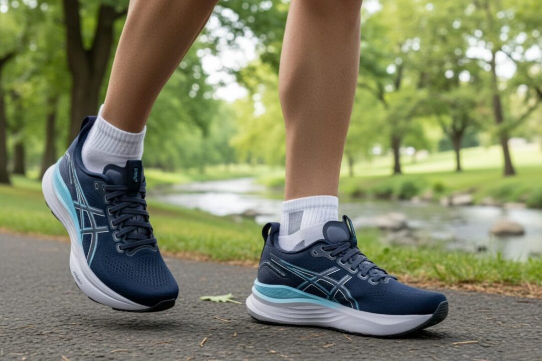 アシックス ランニングシューズ GEL-KAYANO 32を履いているランナーの足元画像