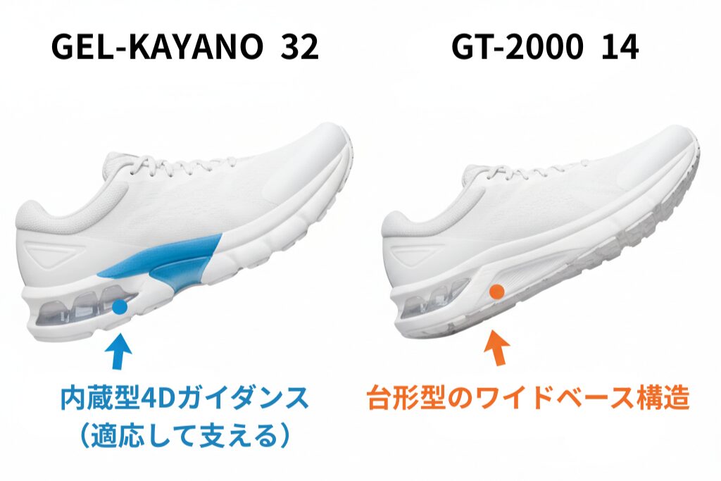 GEL-KAYANO 32とGT-2000 14の比較画像。最新のガイダンスシステムを搭載したソール構造の違いを示す図解