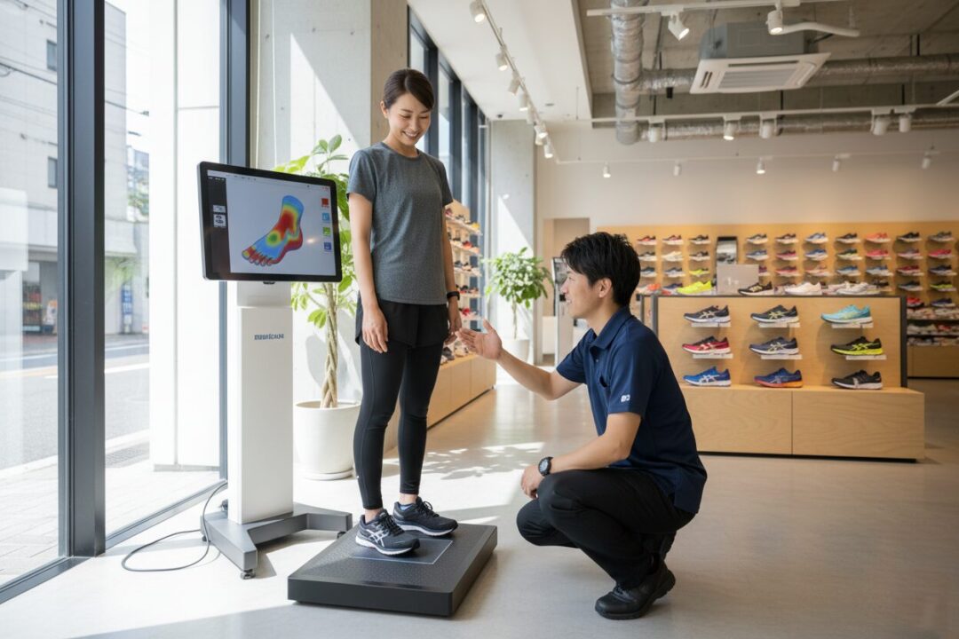 実写：ランニング専門店での足型測定の様子