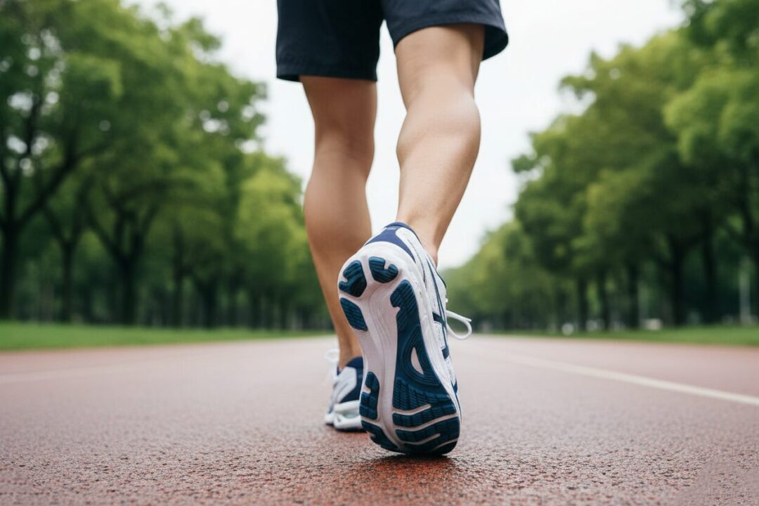 GEL-KAYANO 32を履いたランナーの足元（ローアングル）をクローズアップ写真