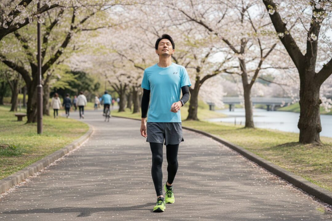 インターバル走の回復時間中にゆっくりと歩きながら呼吸を整えているランナーの実写