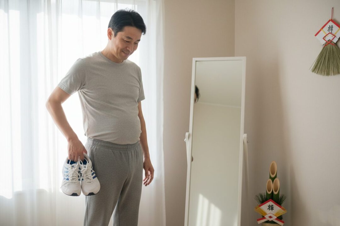正月太りを気にして鏡を見るランナーと、再開のために用意されたランニングシューズ