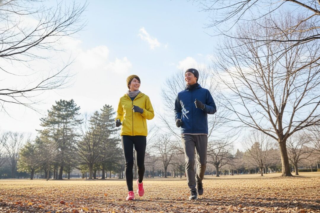 冬の公園で無理のないペースのスロージョギングを楽しむ初心者ランナー