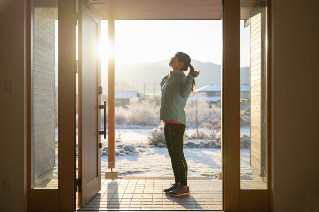 朝の光を浴びてセロトニンを取り入れ、生活リズムを整えるランナー
