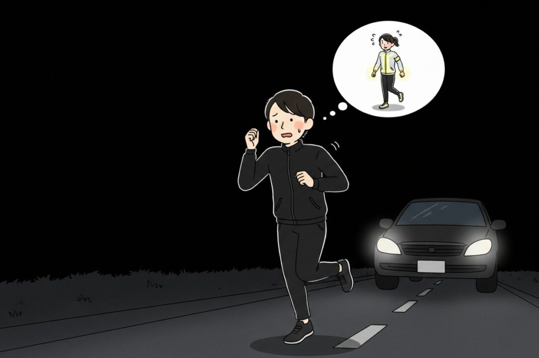 暗闇の中で黒い服を着て走り、車のライトに驚いて立ちすくむランナー。視認性の低さを表現。
