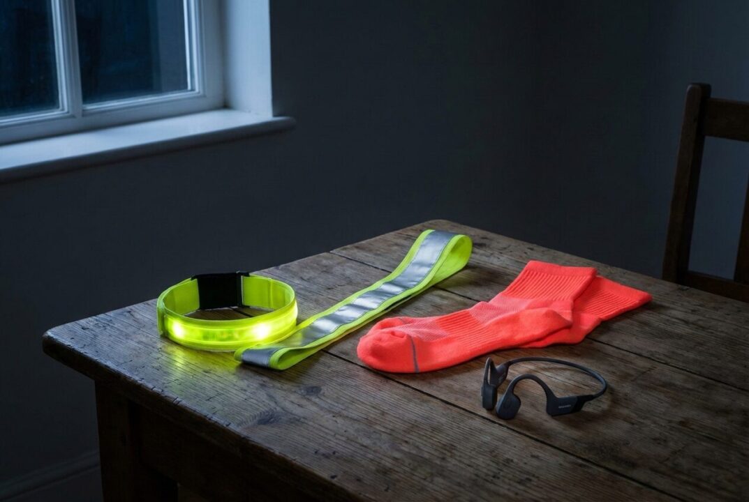 夜ラン用のLEDライト、反射タスキ、蛍光色のソックスが綺麗に並べられた物撮り写真。