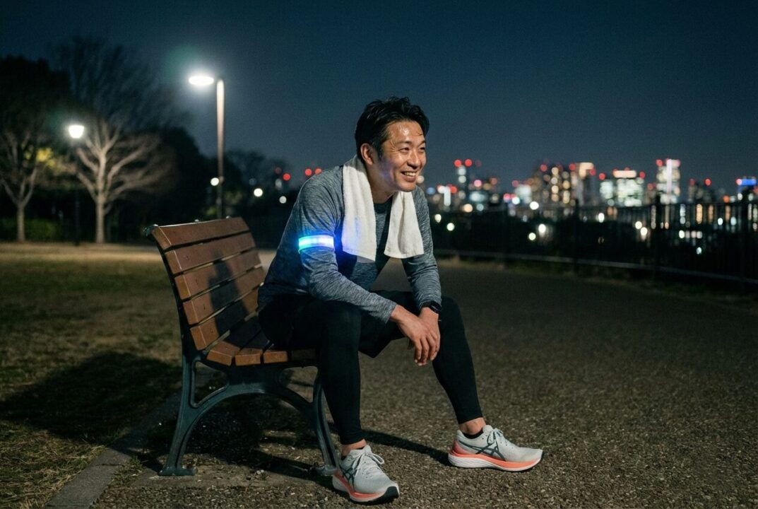 走り終えた後、充実感に満ちた表情で自分の街を眺めるランナー。夜ランのご褒美感を演出。