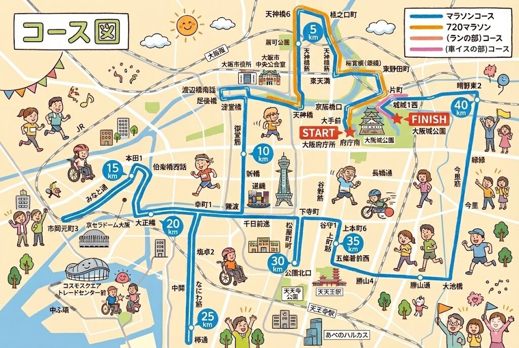 大阪マラソンコース上にある給水・給食（まいどエイド）の設置場所を示すイラスト