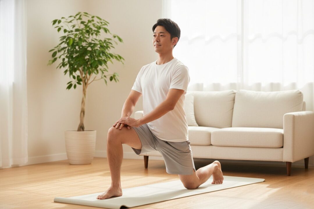 40代男性が自宅で実践する、ランニング後の股関節・腸腰筋ストレッチの正しいポーズ写真