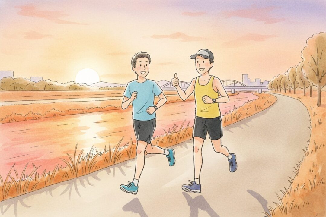 夕焼けの中、笑顔でゆっくりと自分のペースで走る40代男性と、それを応援するあさひのイラスト