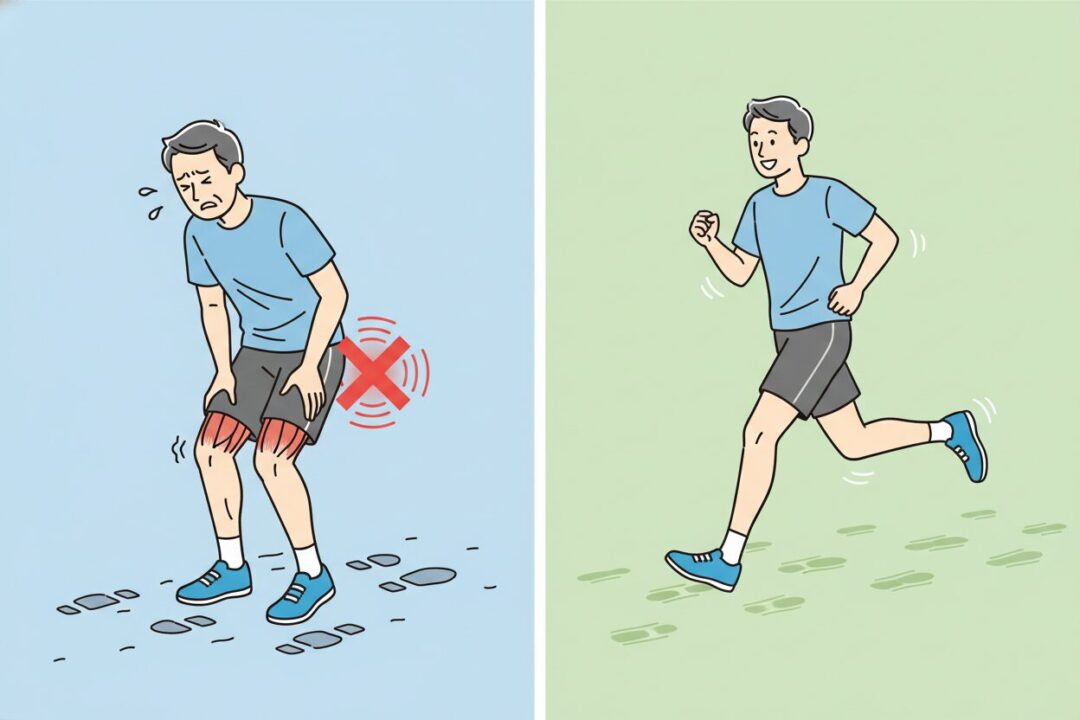 40代初心者の膝の痛みと股関節可動域が狭くなっている原因を説明する比較図