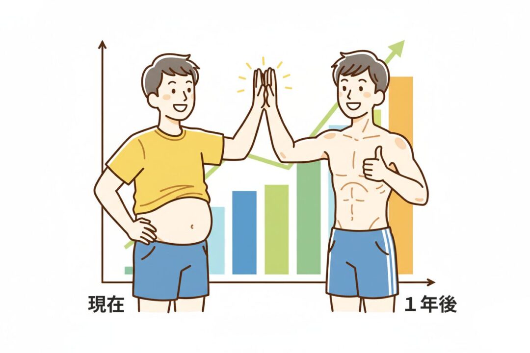 未来の健康な自分と現在の自分が高評価を出し合うランニング初心者のイラスト