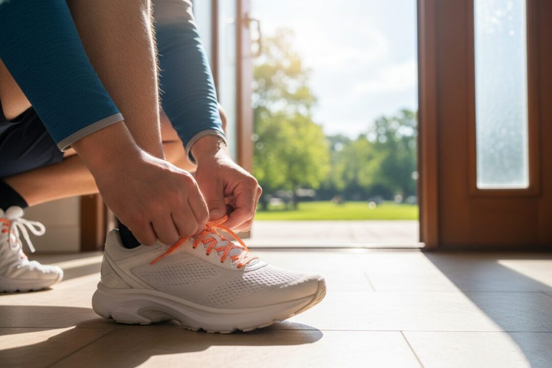 玄関でランニングシューズを履き、前を向く40代日本人男性ランナーの足元と朝日