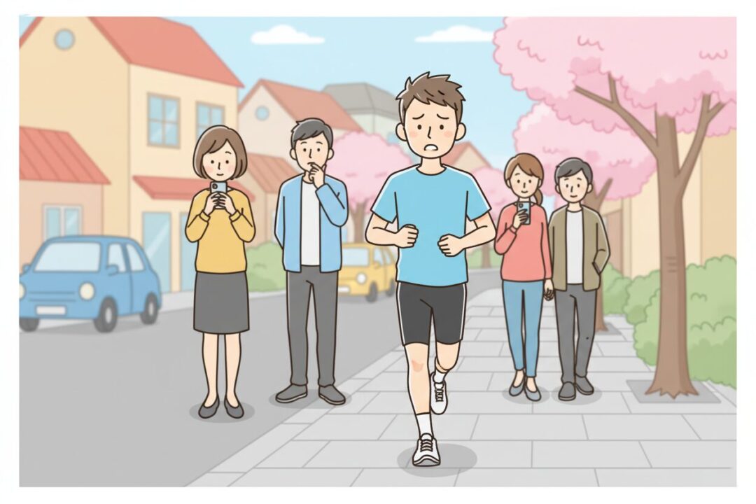 街中で通行人の目を気にする初心者ランナーと、気にせず歩く人々の対比イラスト