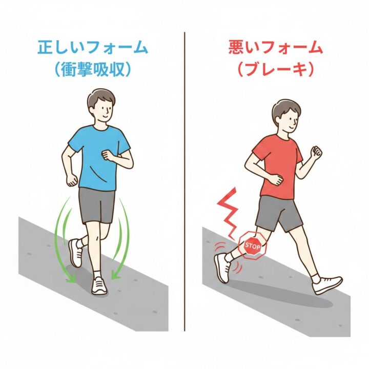 下り坂で足を重心の真下に置く正しい着地フォームと、足を前に投げ出してブレーキをかけている悪いフォームの比較イラスト。