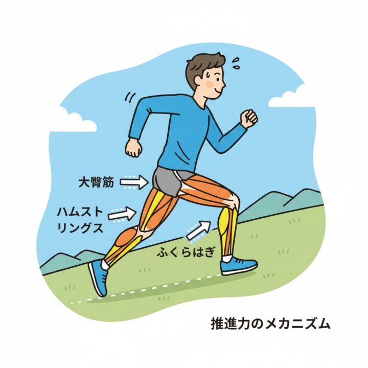 上り坂ランニングで主に使われる筋肉（大臀筋、ハムストリングス）を図解したイラスト。