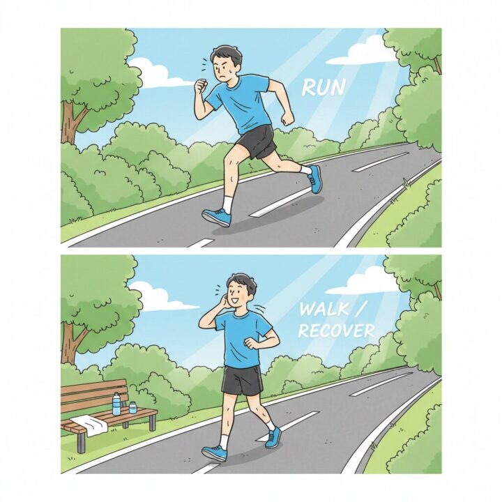 緩やかな上り坂を走るランナーと、下り坂を歩いて休憩しているインターバルトレーニングのイラスト。