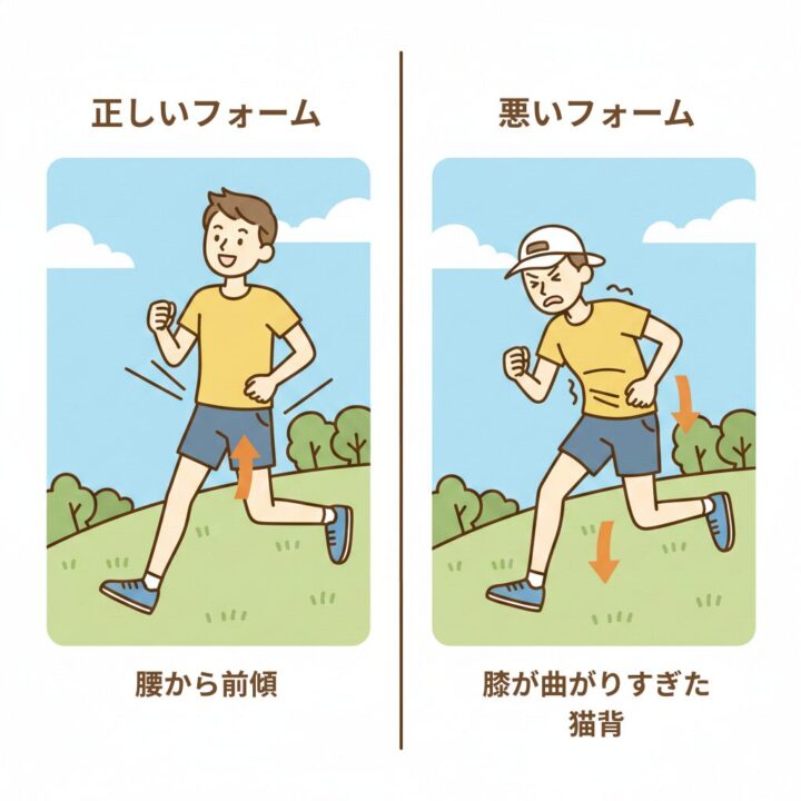 上り坂で腰から前傾している正しいランニングフォームと、猫背になっている悪いフォームの比較。