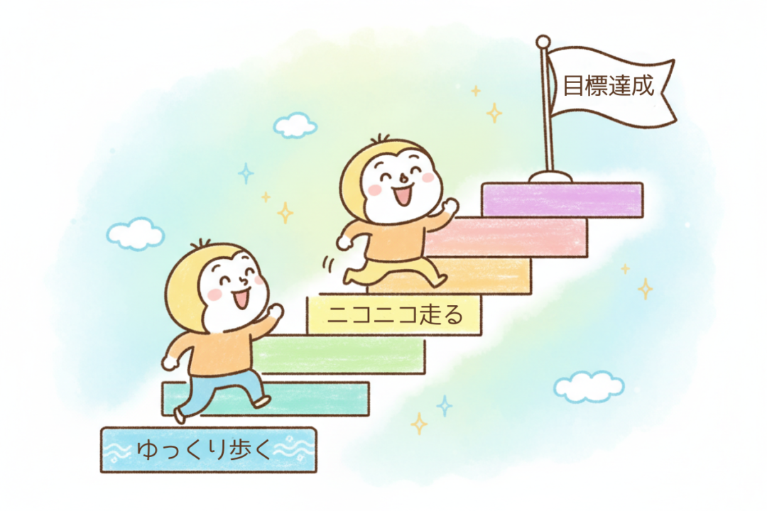 ゆっくりから徐々にペースアップするステップアップの概念イラスト