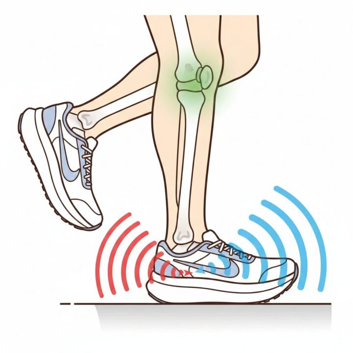 ランニング時の着地衝撃を厚底シューズのミッドソールが吸収・分散する仕組みを示した概念図解イラスト