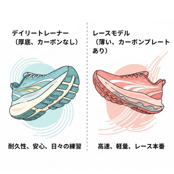 カーボンプレートなしの厚底シューズ（デイリートレーナー）とカーボンプレート入りレース用シューズの役割と耐久性の違いを比較したイラスト