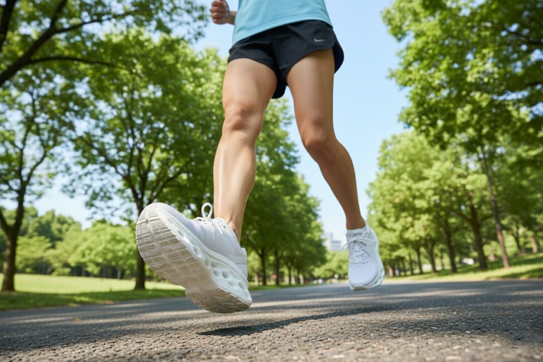 厚底シューズ（カーボンプレートなし）を履き、怪我なく快適にランニングを楽しむ日本人ランナーの実写写真