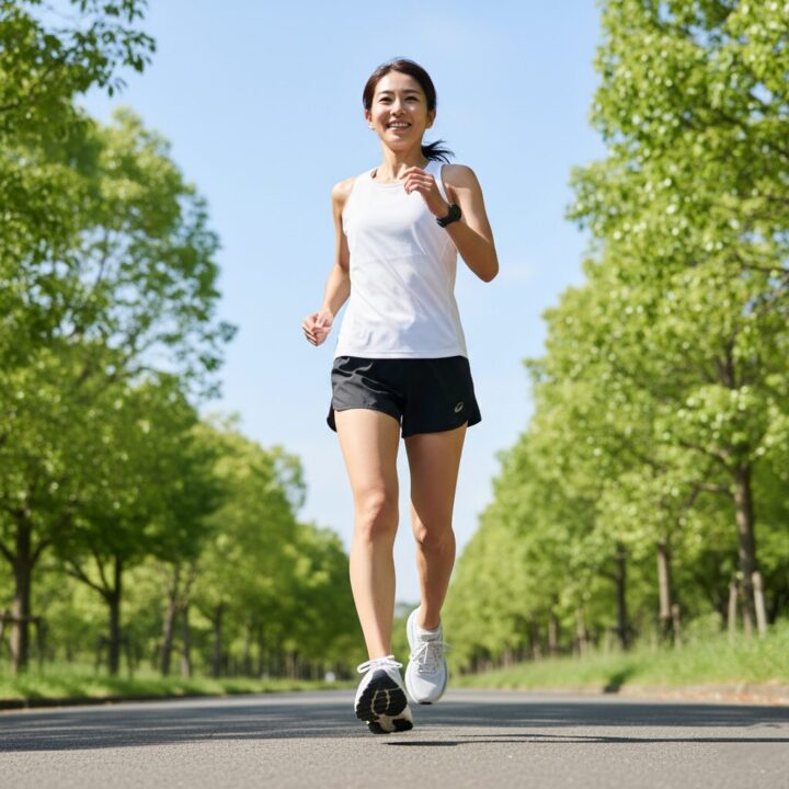 実写 - 厚底シューズを履いたランナーが気持ちよさそうに走っている様子。