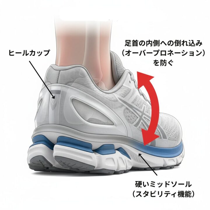 ランニングシューズのヒールカップと安定性機能が足首のオーバープロネーション（横方向のブレ）を防ぐ様子を示す機能図解イラスト