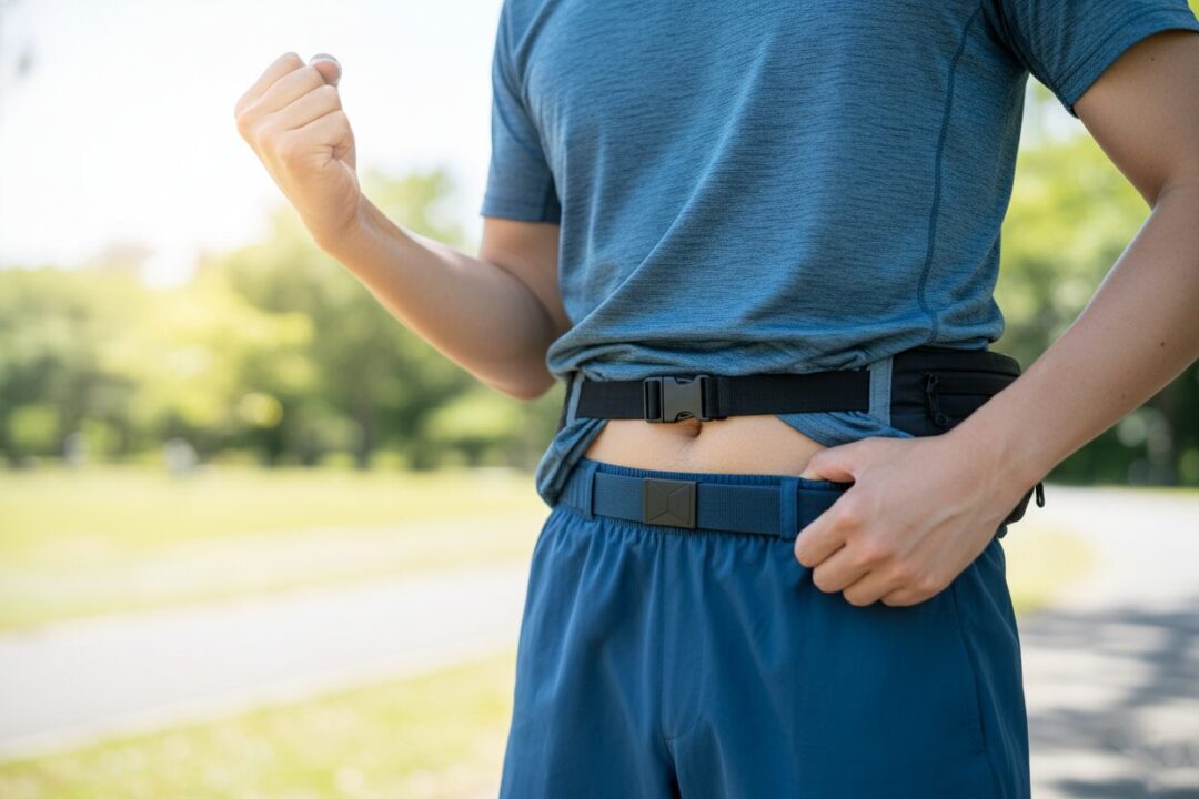 ベルトの穴が一つ縮まり、ウェアにゆとりができたことに気づいて喜ぶランナーの手元