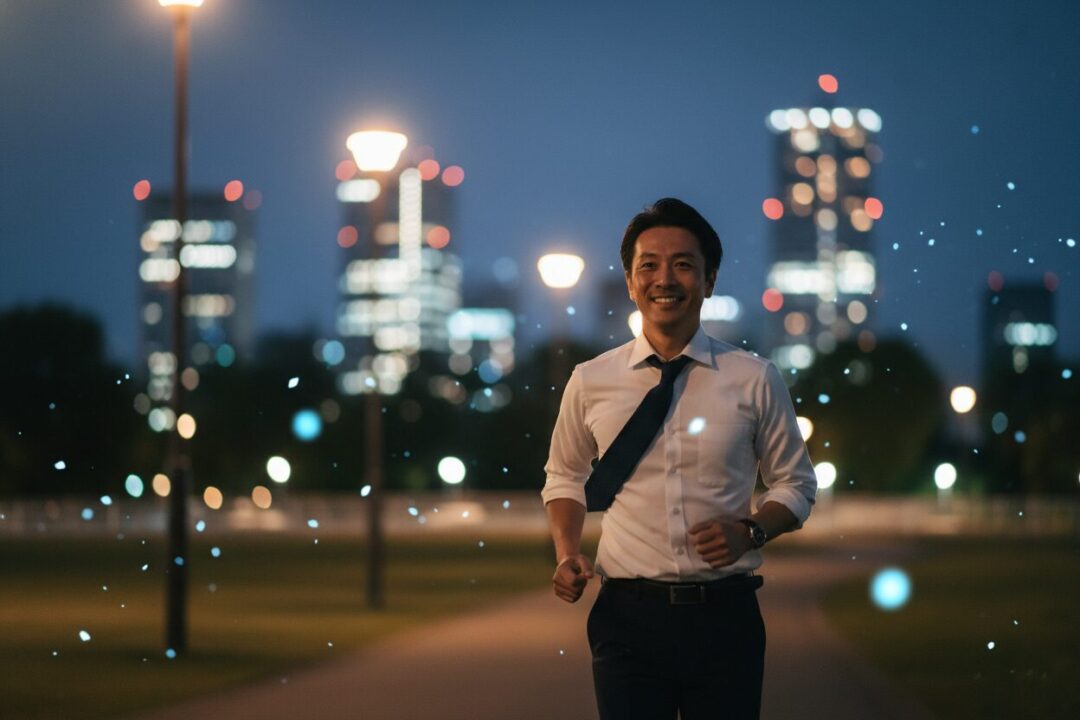 40代のビジネスパーソンが仕事帰りに夜ランニングを行い、脳が活性化してスッキリした表情を見せている実写イメージ