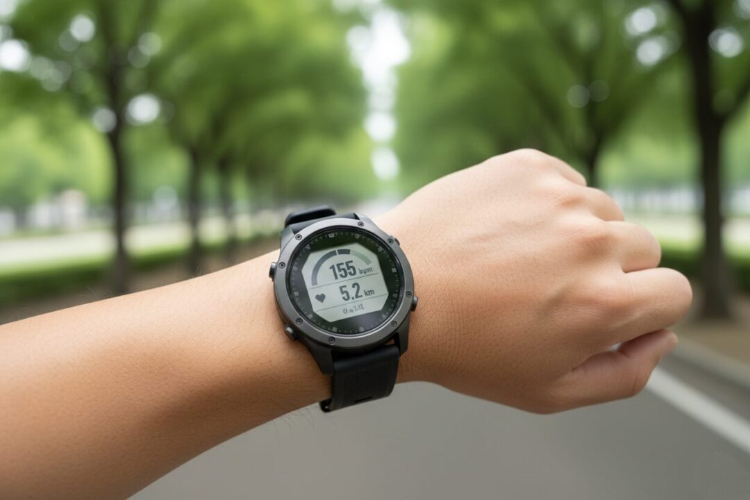 ランニング中にGPSウォッチを活用して走行データを確認し、効率的にトレーニングする様子