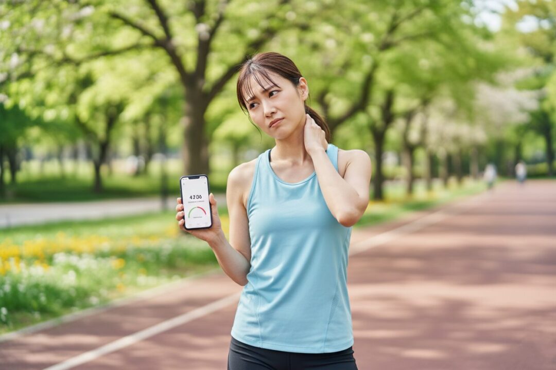 ランニングを頑張っているのに痩せず、不安な表情の女性ランナーの実写写真。ダイエット停滞のイメージ。