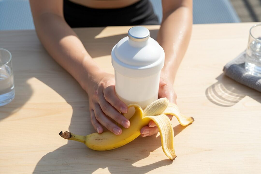 ランニング直後の疲労した手を写し、プロテインシェーカーとバナナを持つランナーの手元の実写写真。