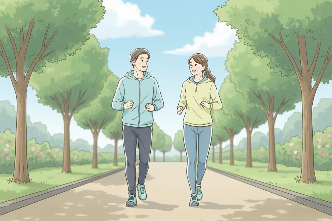 会話ができる程度のペース(LSD)で、笑顔で余裕を持って走るランナーのイメージ図。