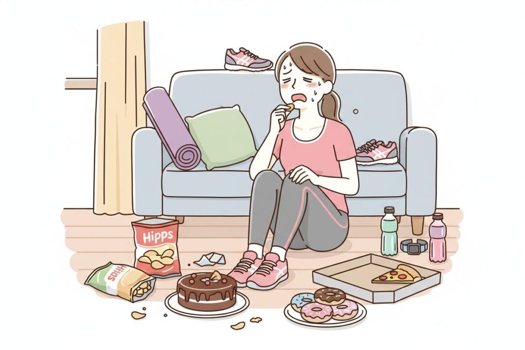 頑張ってゼーハー走った後に食欲が爆発し、大食いしているランナーのイラスト。ダイエット失敗の象徴。