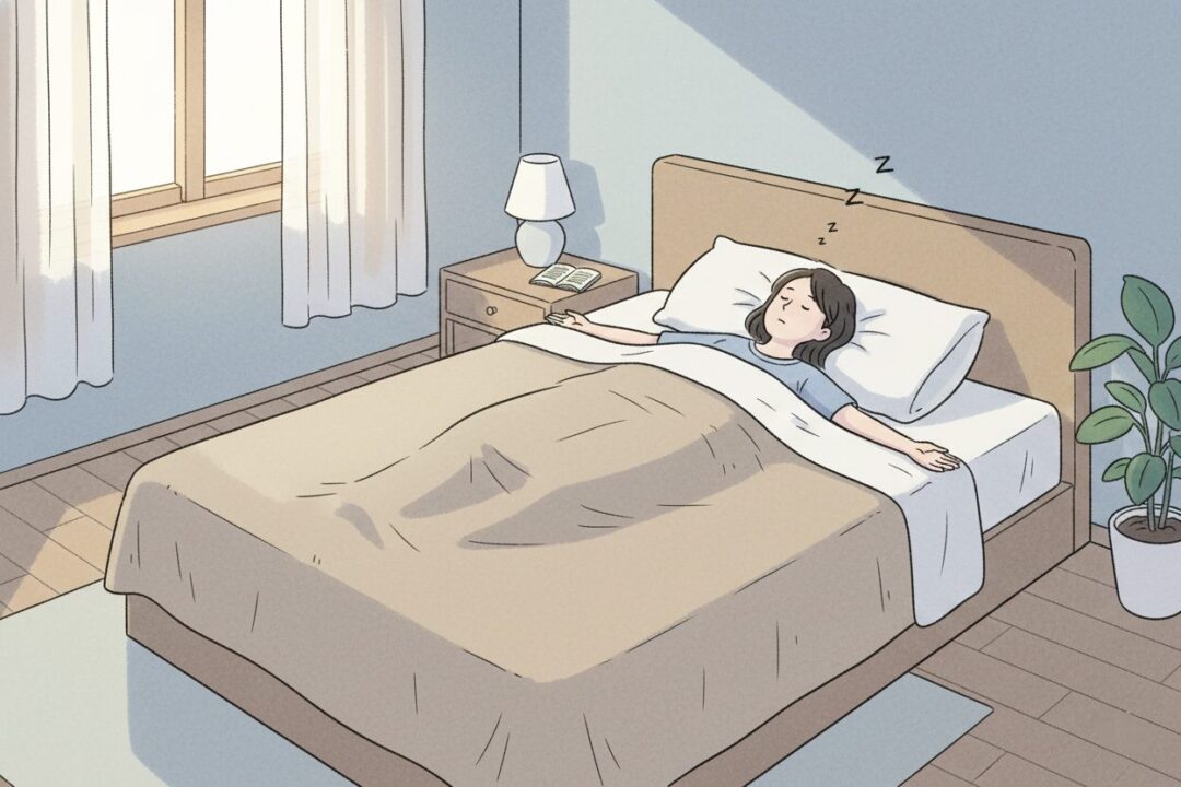 ぐっすり眠っている人を上空から見たイラスト。ランナーの疲労回復と睡眠の重要性を示す。