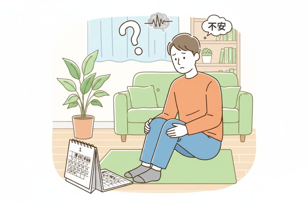 膝の違和感に気づき練習を休むか悩むランニング初心者のイラスト