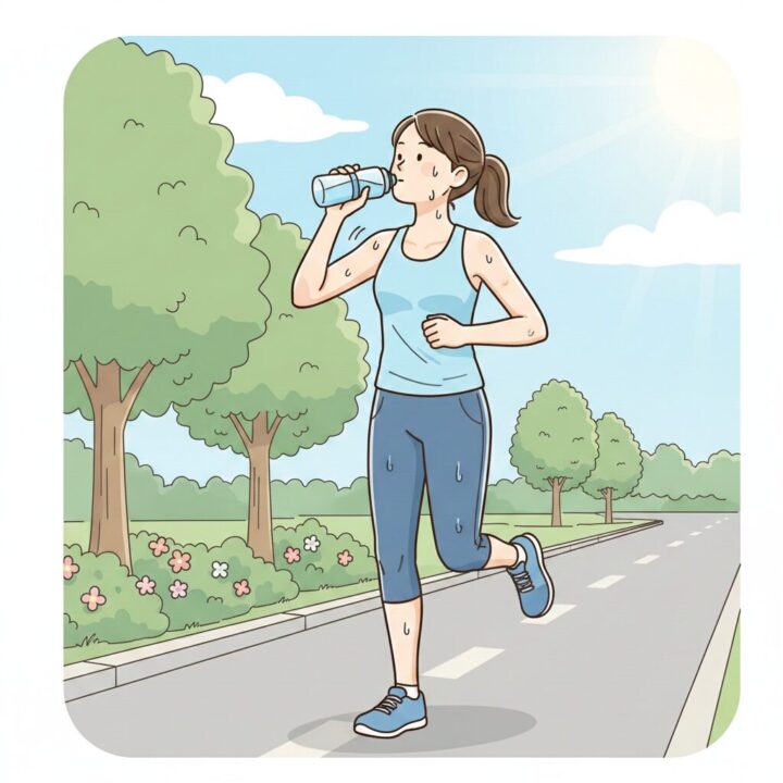 ランニング中にこまめに水分補給をするランナーのイラスト