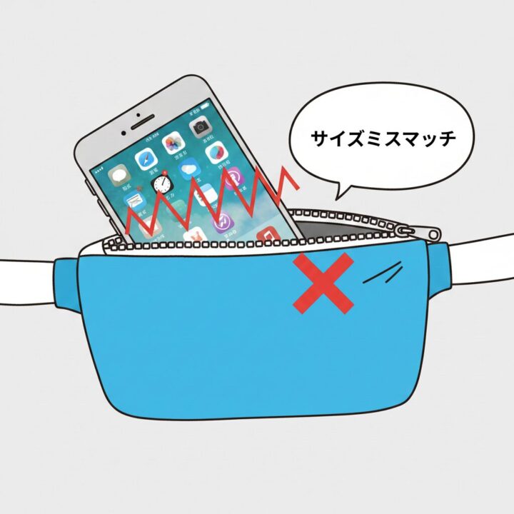 大型スマートフォンを横向きで入れようとしたが、サイズが合わずポーチからはみ出してジッパーが閉まらない失敗例のイラスト。