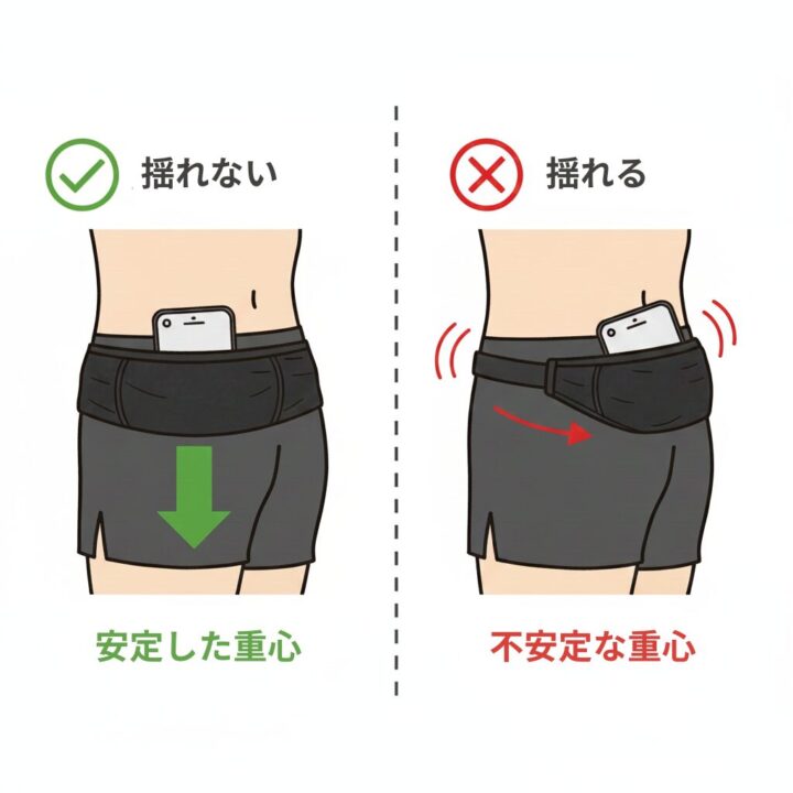 ランニングポーチが揺れる原因を図解。重心が偏った重いスマホと、体に密着せず隙間があるポーチのイラスト。