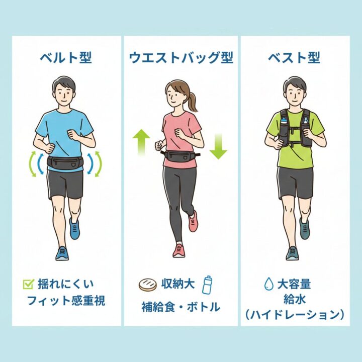 ランニングポーチの3つの種類（ベルト型、ウエストバッグ型、ベスト型）の特徴と装着イメージをイラストで比較図解。