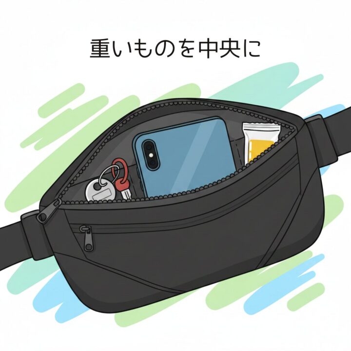 ランニングポーチに重い荷物を中央に、軽い荷物を左右に均等に収納し、揺れを防ぐためのパッキングのイメージ図。