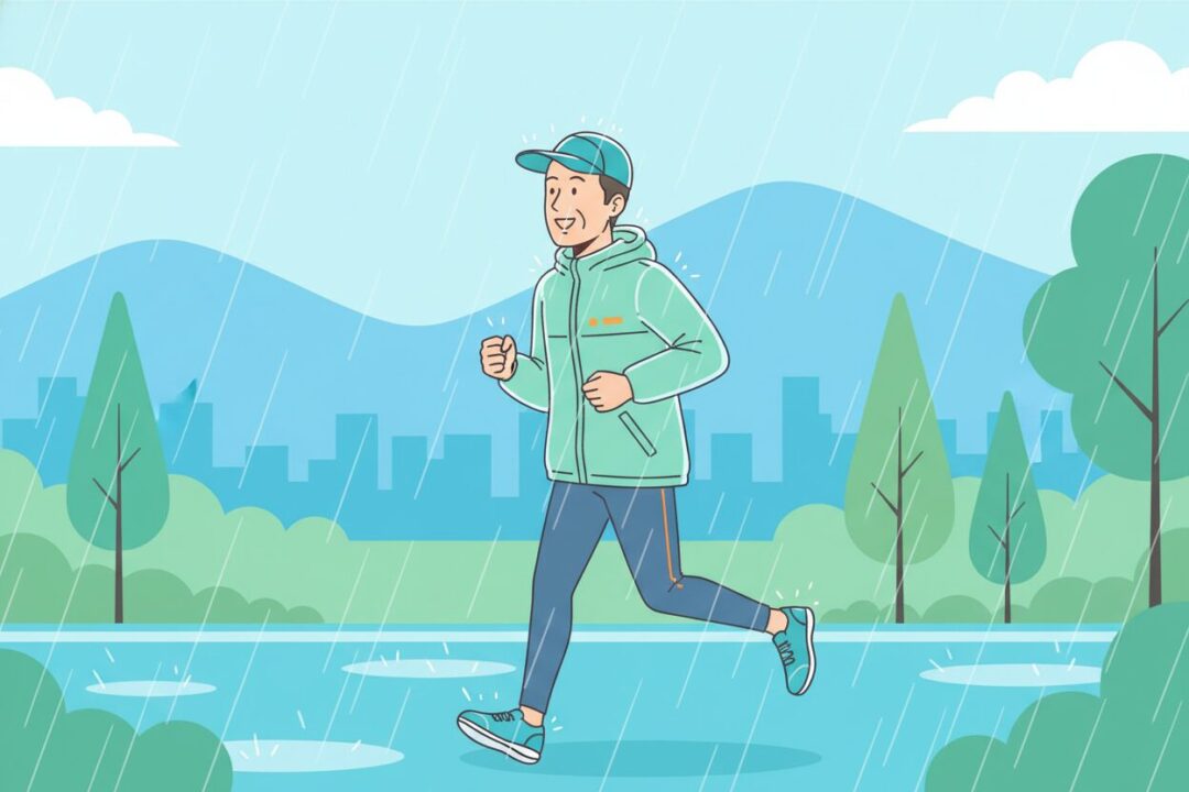撥水キャップとジャケットを装備して雨の中でも笑顔でランニングを楽しむ男性のイラスト