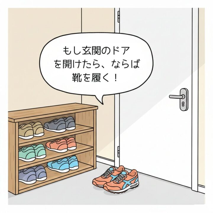 If-Thenプランニングの仕組み図。玄関にランニングシューズが置かれており、「もし帰宅したら、ならば走る」という行動トリガーを示す図解イラスト。