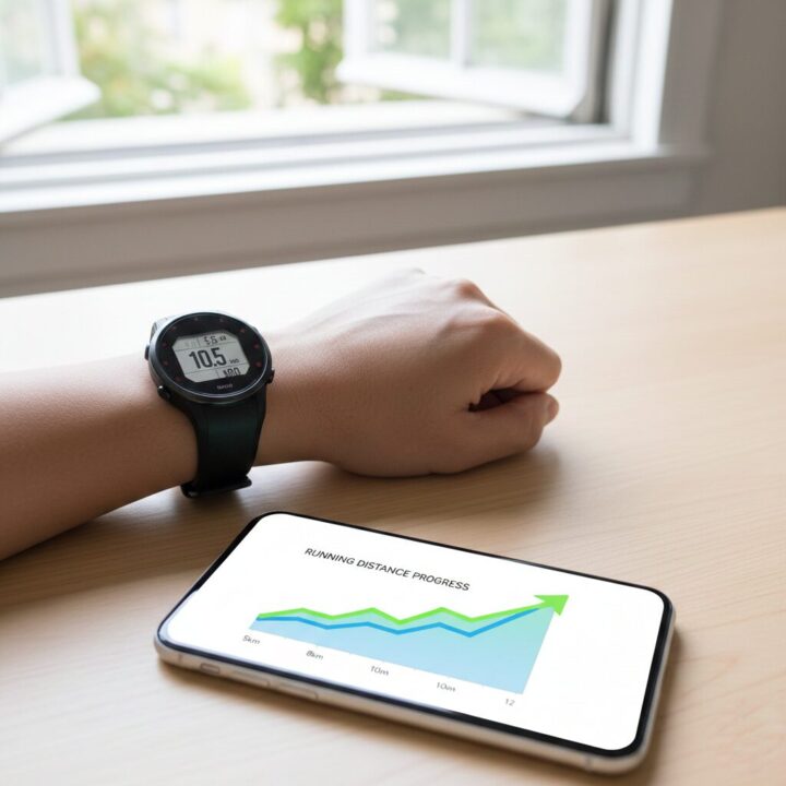 モチベーション維持のためのデータの可視化。ランニングGPSウォッチとスマホの画面に、走行距離が右肩上がりに伸びている成長グラフが表示された高解像度写真。